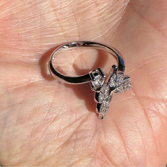 NEW White Gold Plated Pave Butterfly & Round Crystal CZ Adjustable Ring - Picture 7 of 11